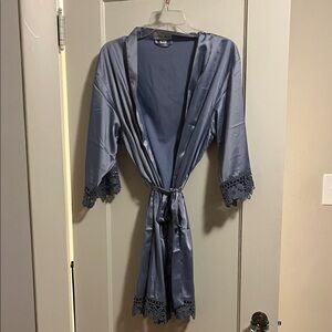 Kennedy Blue Satin Lace Trim Robe in Dusty Blue